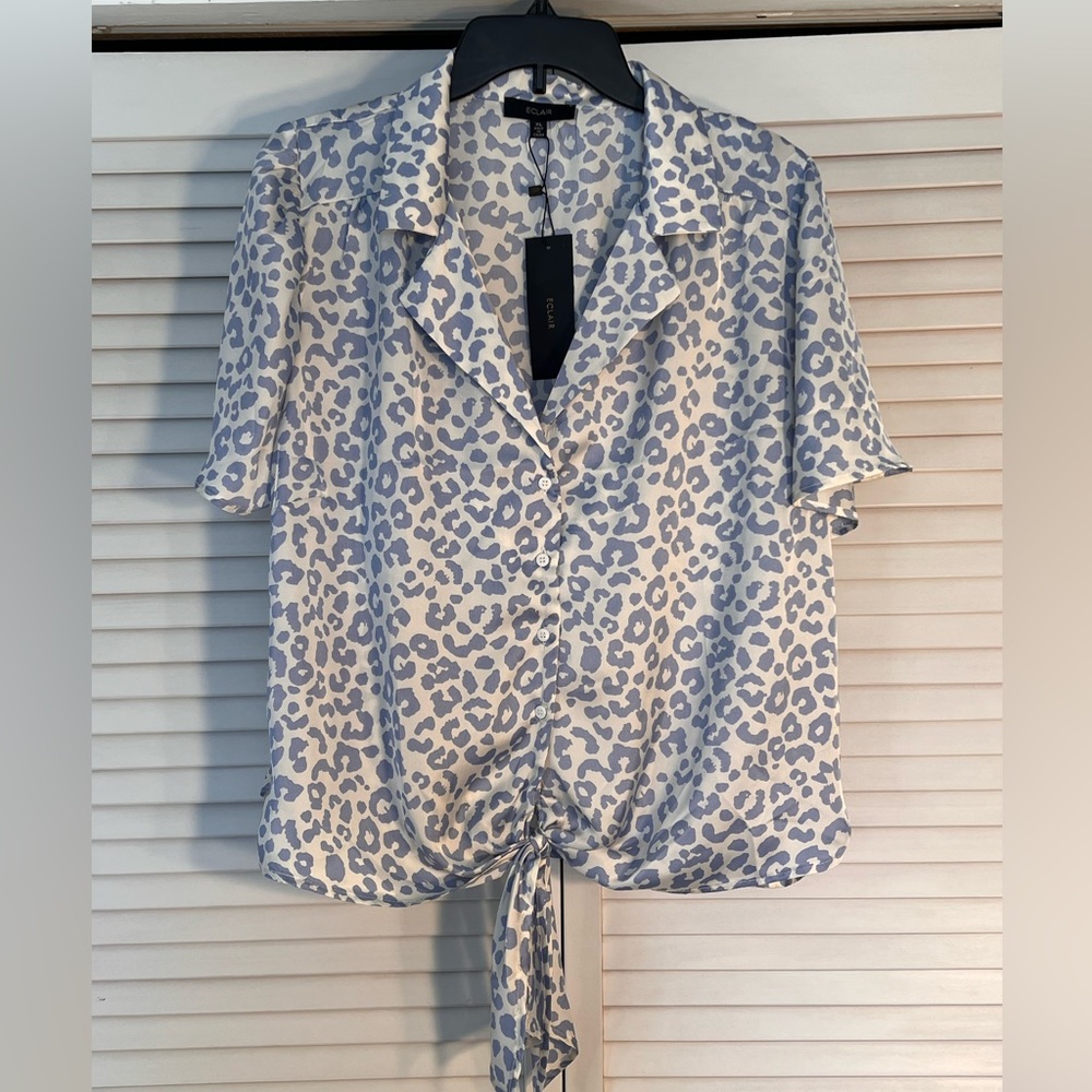 Worn once Eclair Blue Leopard Print Blouse with Tie size XL
